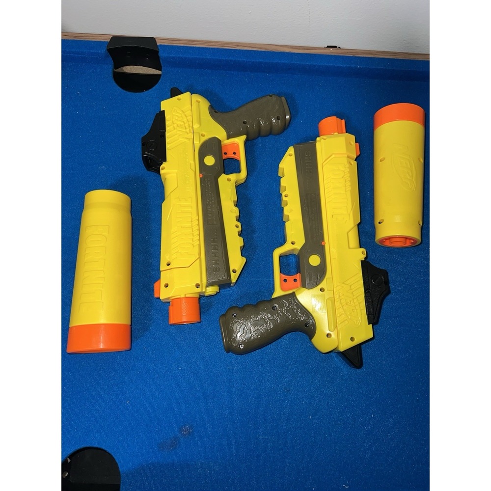 2 NERF Fortnite SP-L Suppressed Pistols Blasters Yellow + 2 Silencers Tested